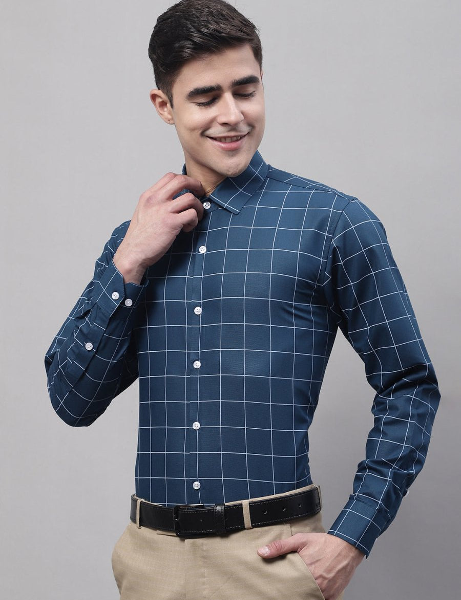 Men's Teal Blue Cotton Checked Formal Shirt - SF_742Teal_S