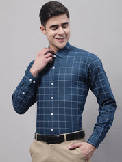 Men's Teal Blue Cotton Checked Formal Shirt - SF_742Teal_S