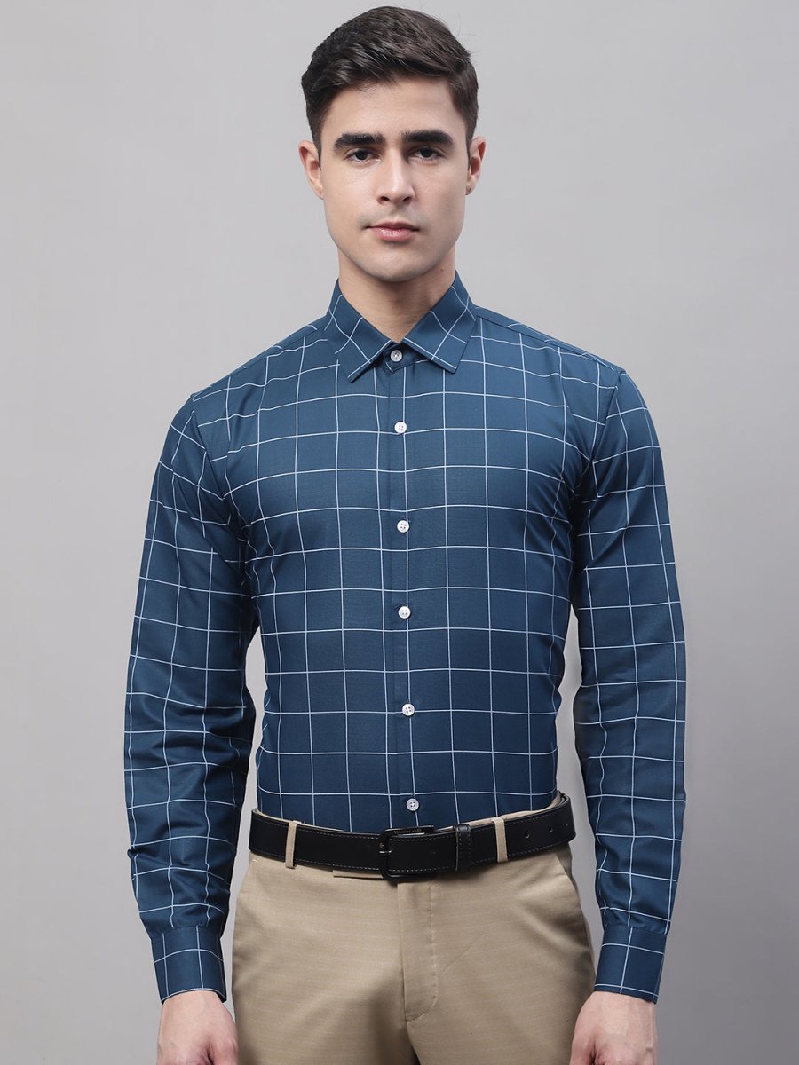 Men's Teal Blue Cotton Checked Formal Shirt - SF_742Teal_S