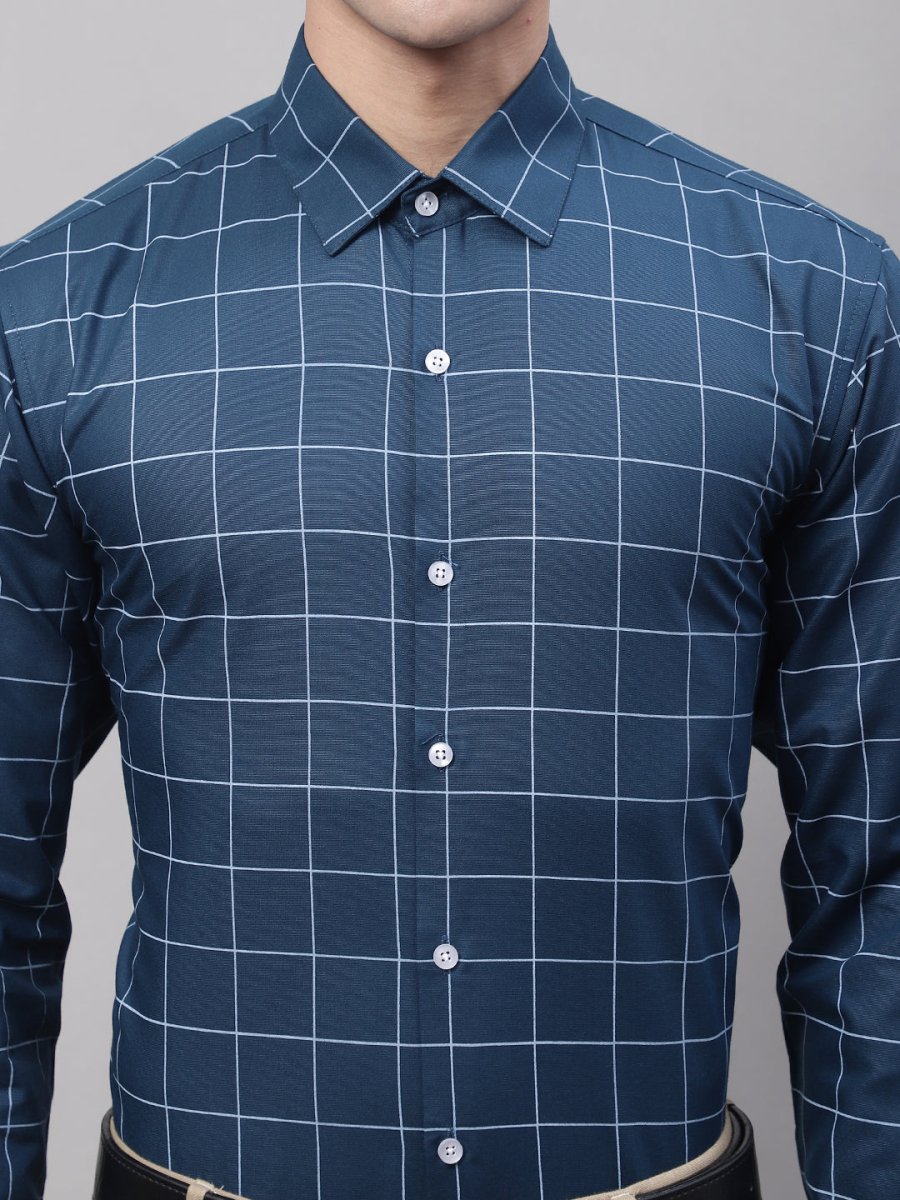 Men's Teal Blue Cotton Checked Formal Shirt - SF_742Teal_S