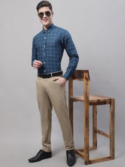 Men's Teal Blue Cotton Checked Formal Shirt - SF_742Teal_S