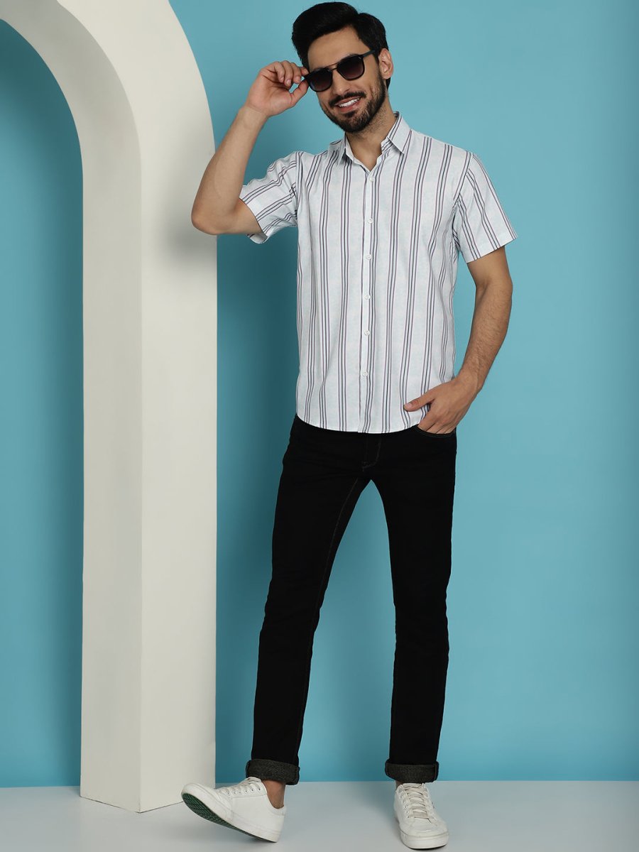 Men's Vertical Striped Half Sleeve Casual Shirt for Mens - SF_886Blue_S