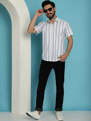 Men's Vertical Striped Half Sleeve Casual Shirt for Mens - SF_886Blue_S