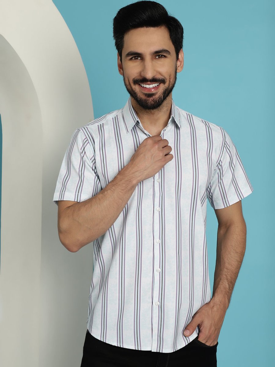 Men's Vertical Striped Half Sleeve Casual Shirt for Mens - SF_886Blue_S