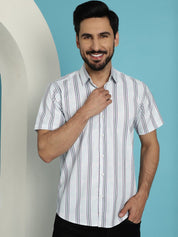 Men's Vertical Striped Half Sleeve Casual Shirt for Mens - SF_886Blue_S
