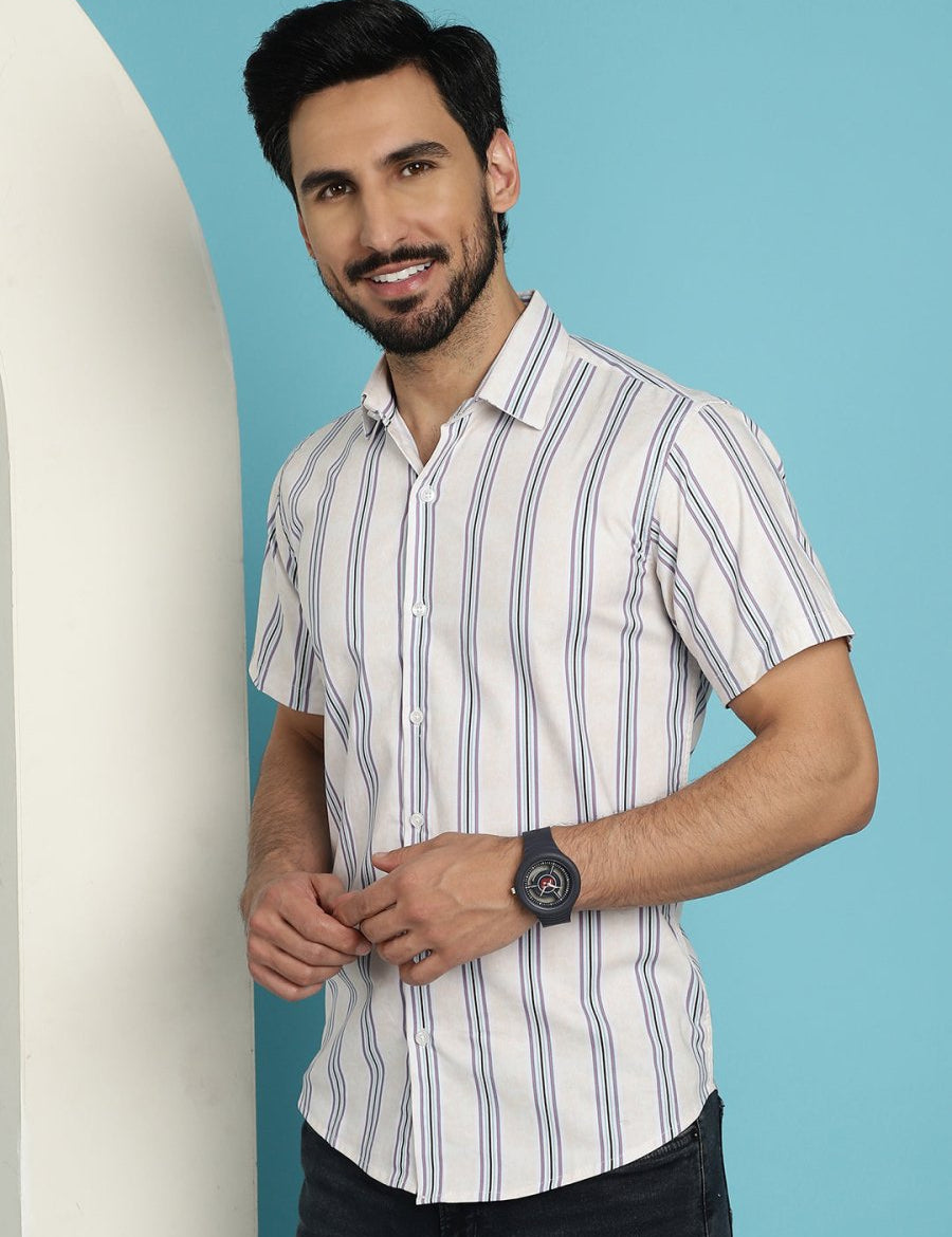 Men's Vertical Striped Half Sleeve Casual Shirt for Mens - SF_886Cream_S