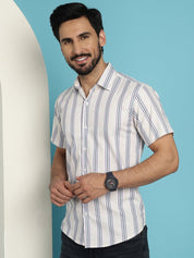 Men's Vertical Striped Half Sleeve Casual Shirt for Mens - SF_886Cream_S