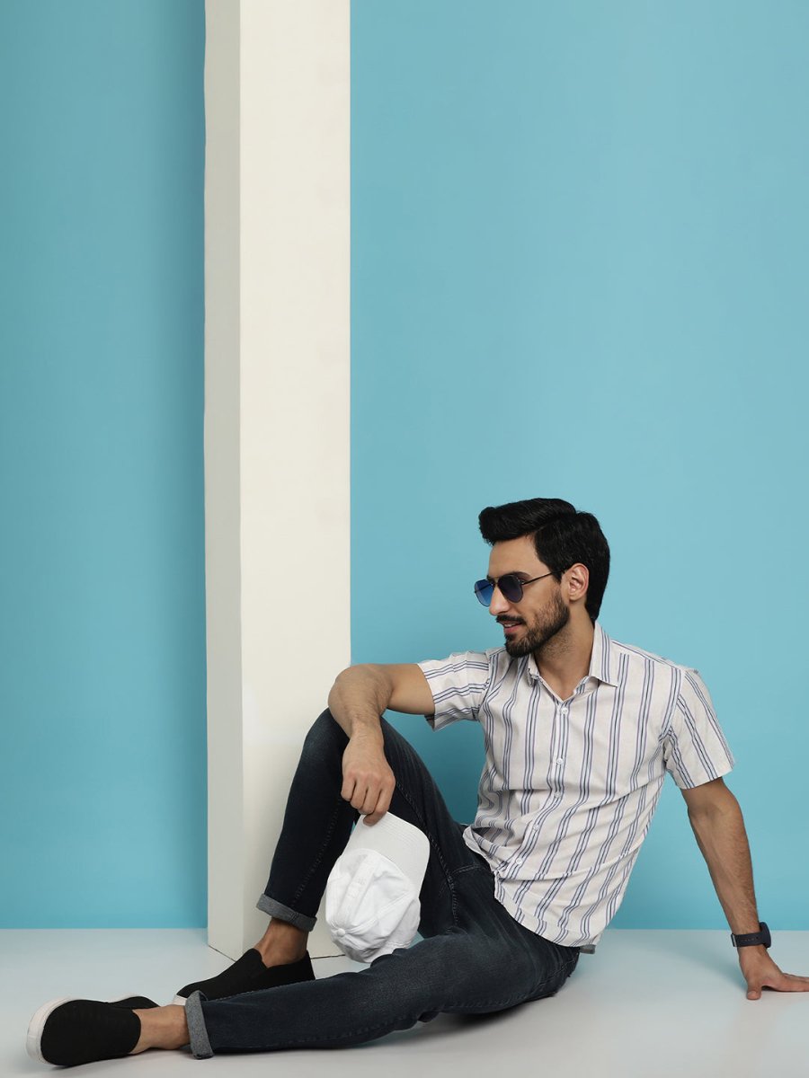 Men's Vertical Striped Half Sleeve Casual Shirt for Mens - SF_886Cream_S