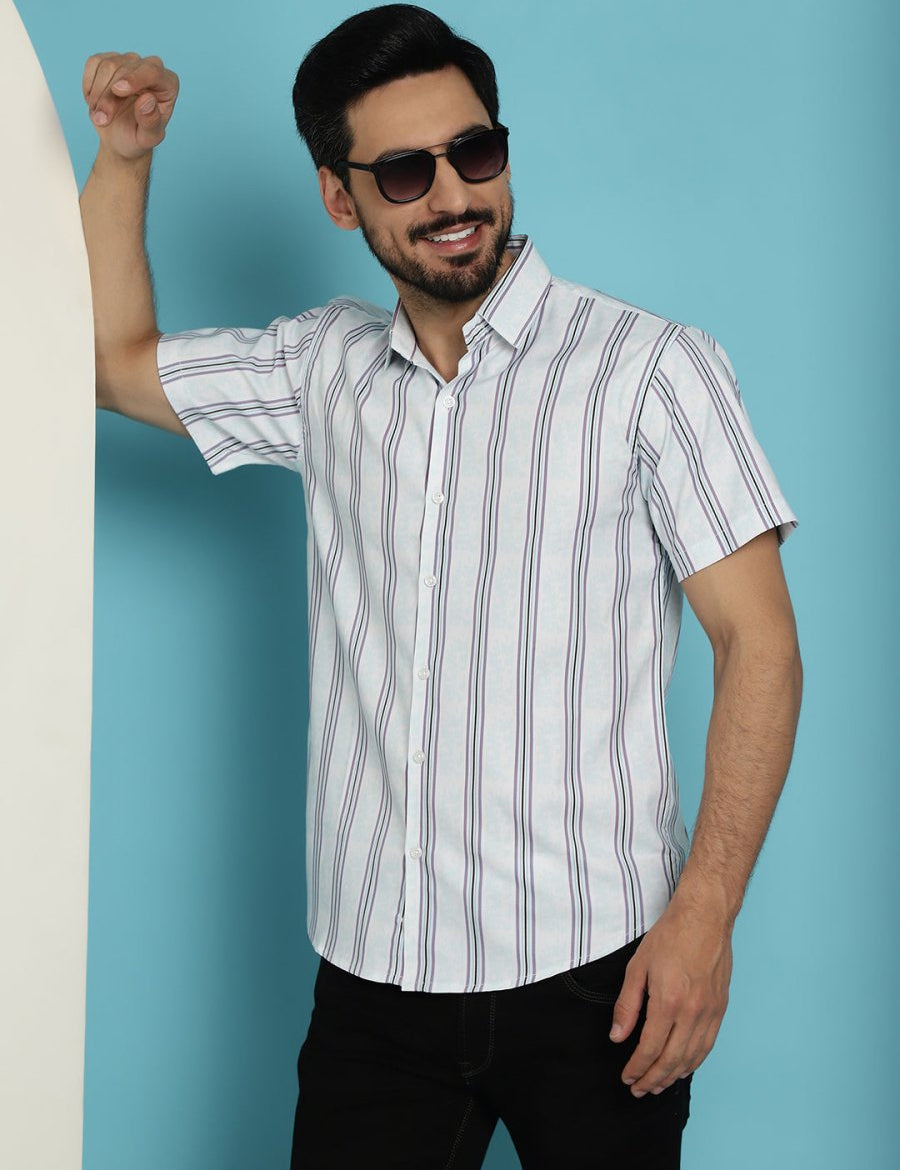 Men's Vertical Striped Half Sleeve Casual Shirt for Mens - SF_886Blue_S