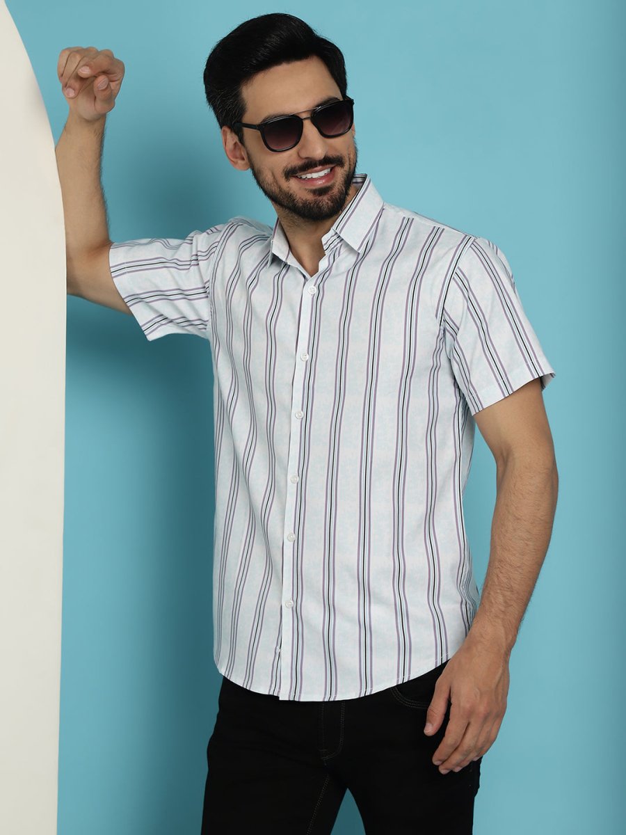 Men's Vertical Striped Half Sleeve Casual Shirt for Mens - SF_886Blue_S