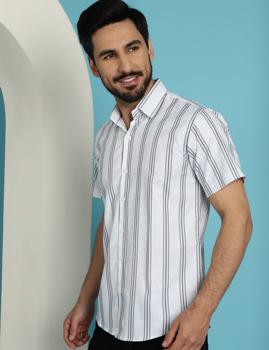 Men's Vertical Striped Half Sleeve Casual Shirt for Mens - SF_886Blue_S