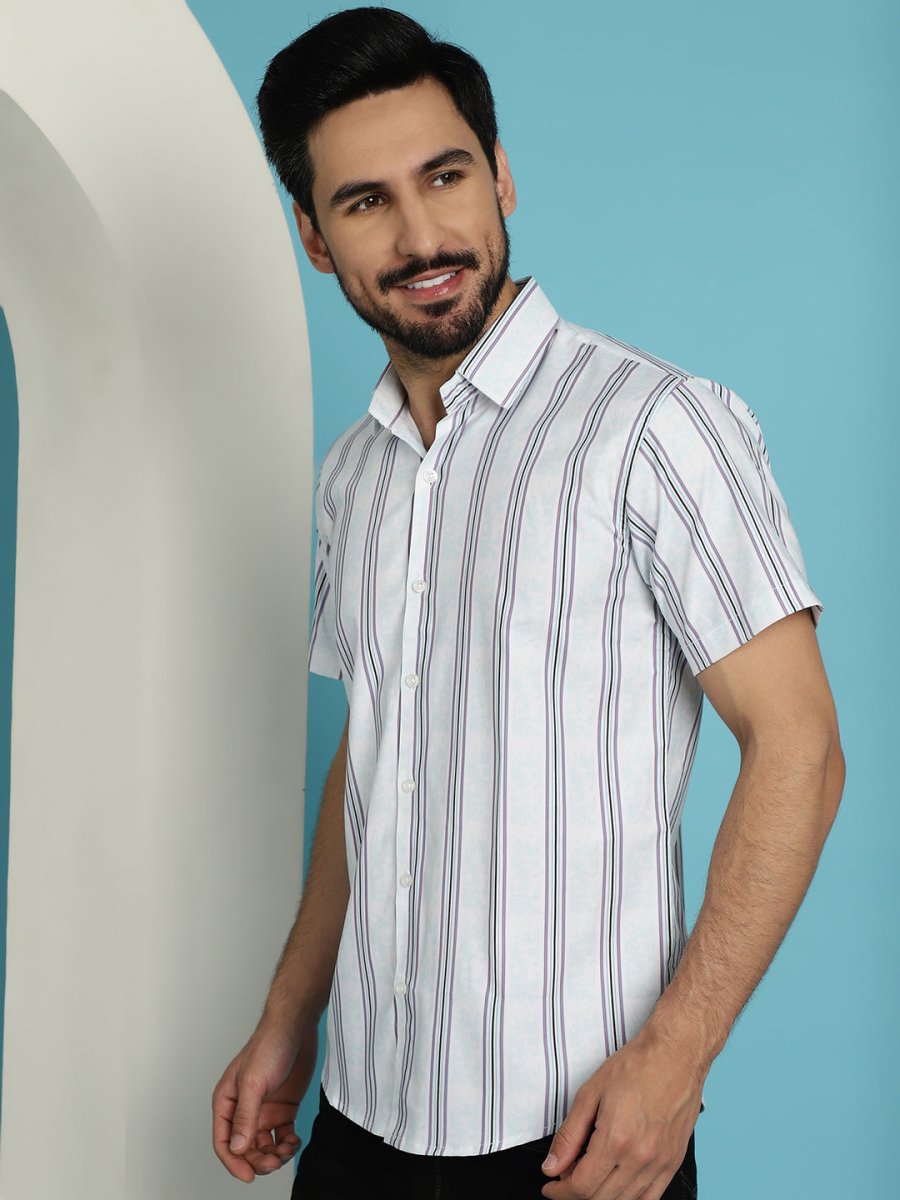 Men's Vertical Striped Half Sleeve Casual Shirt for Mens - SF_886Blue_S