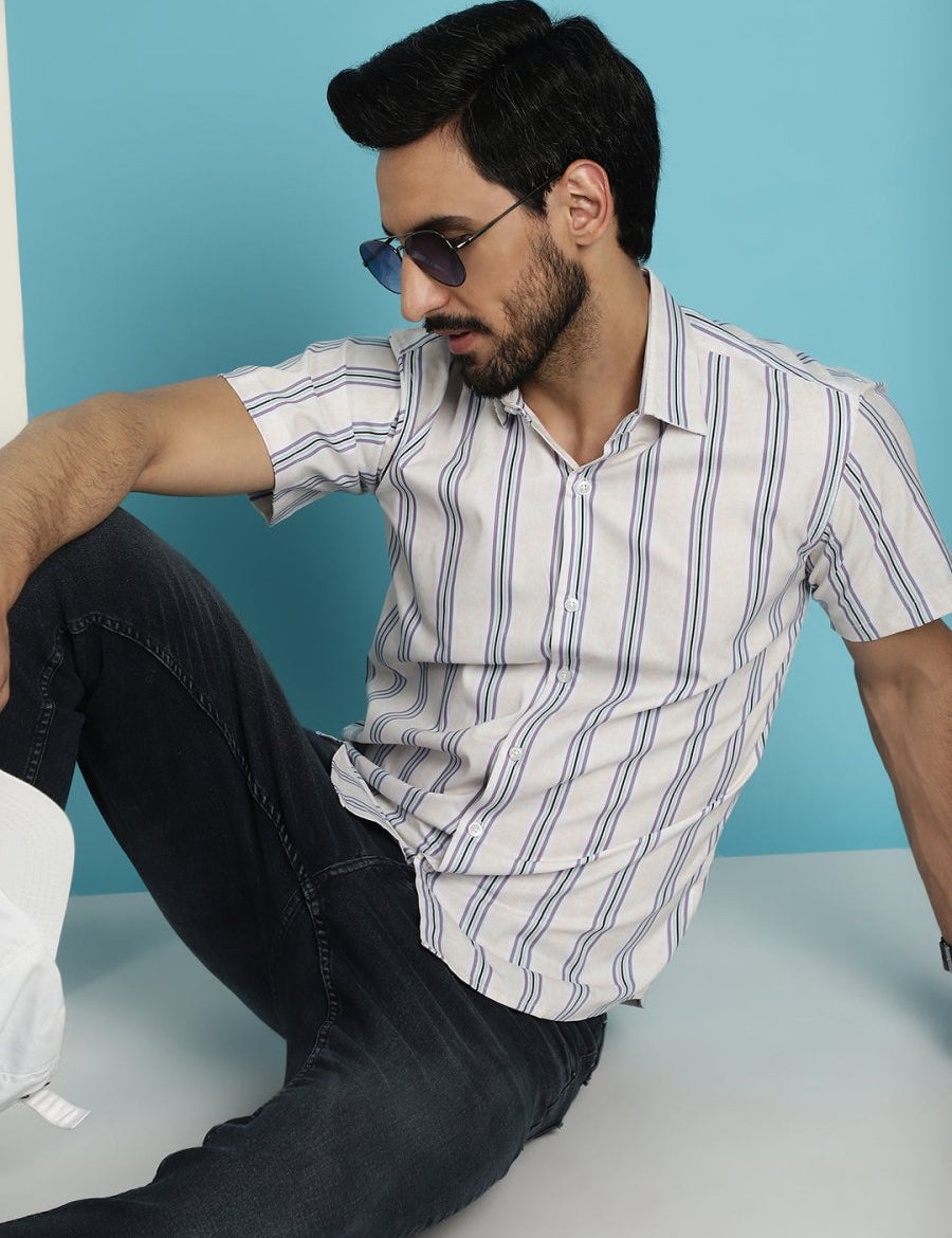 Men's Vertical Striped Half Sleeve Casual Shirt for Mens - SF_886Cream_S