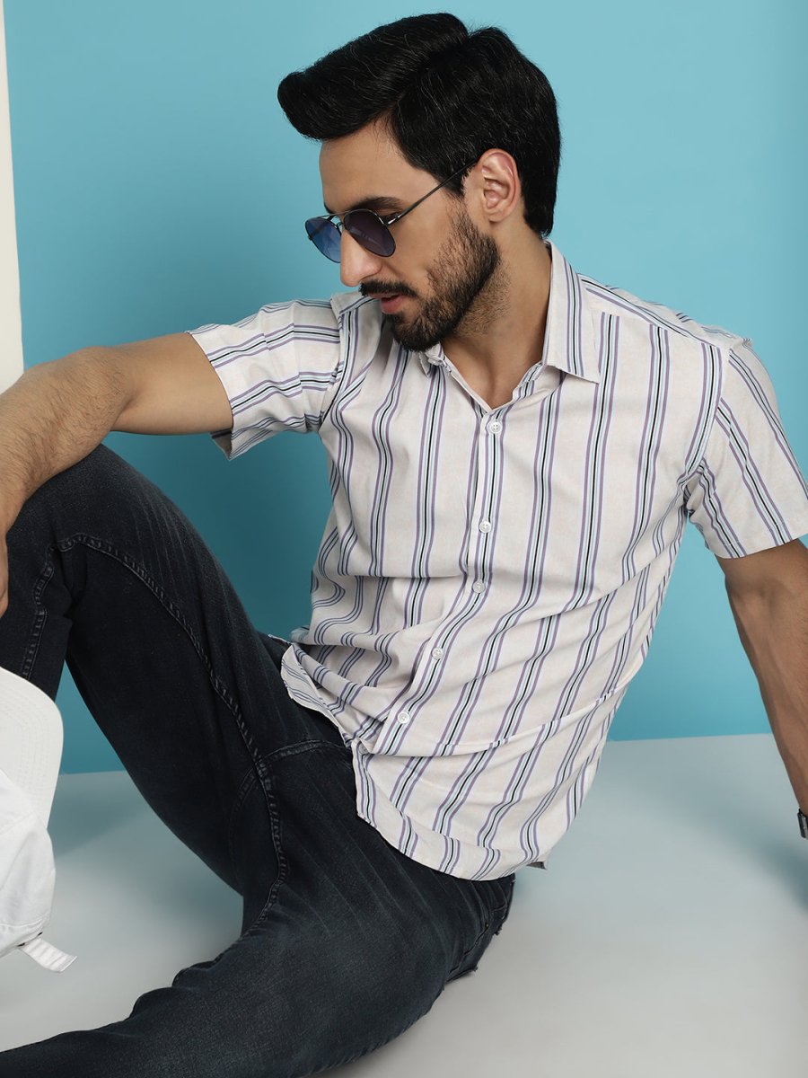 Men's Vertical Striped Half Sleeve Casual Shirt for Mens - SF_886Cream_S