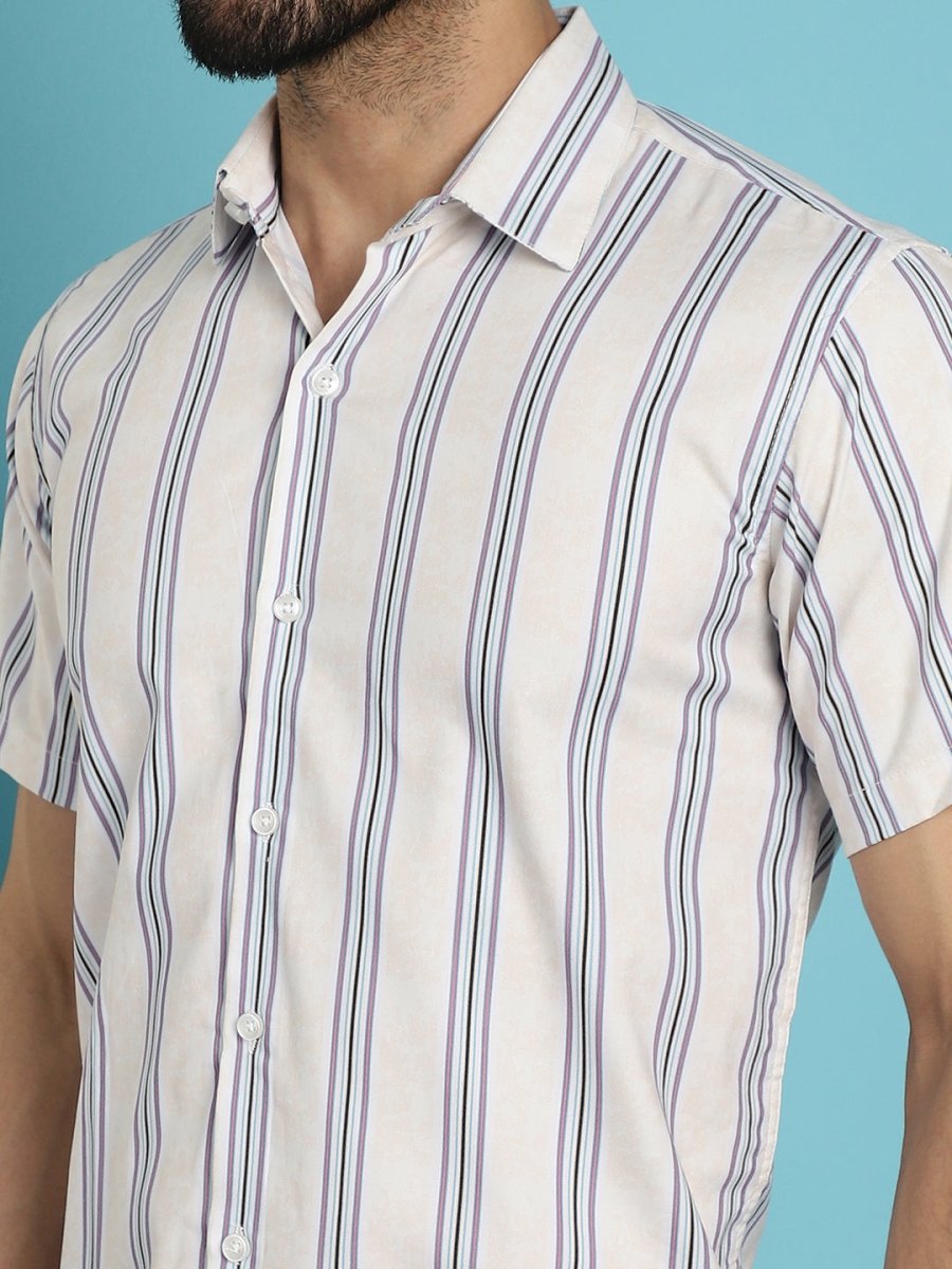 Men's Vertical Striped Half Sleeve Casual Shirt for Mens - SF_886Cream_S