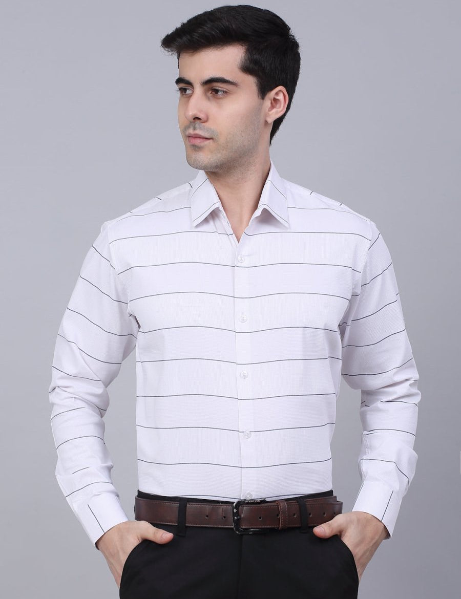 Men's White Horizontal Striped Formal Shirt - SF_839White_S