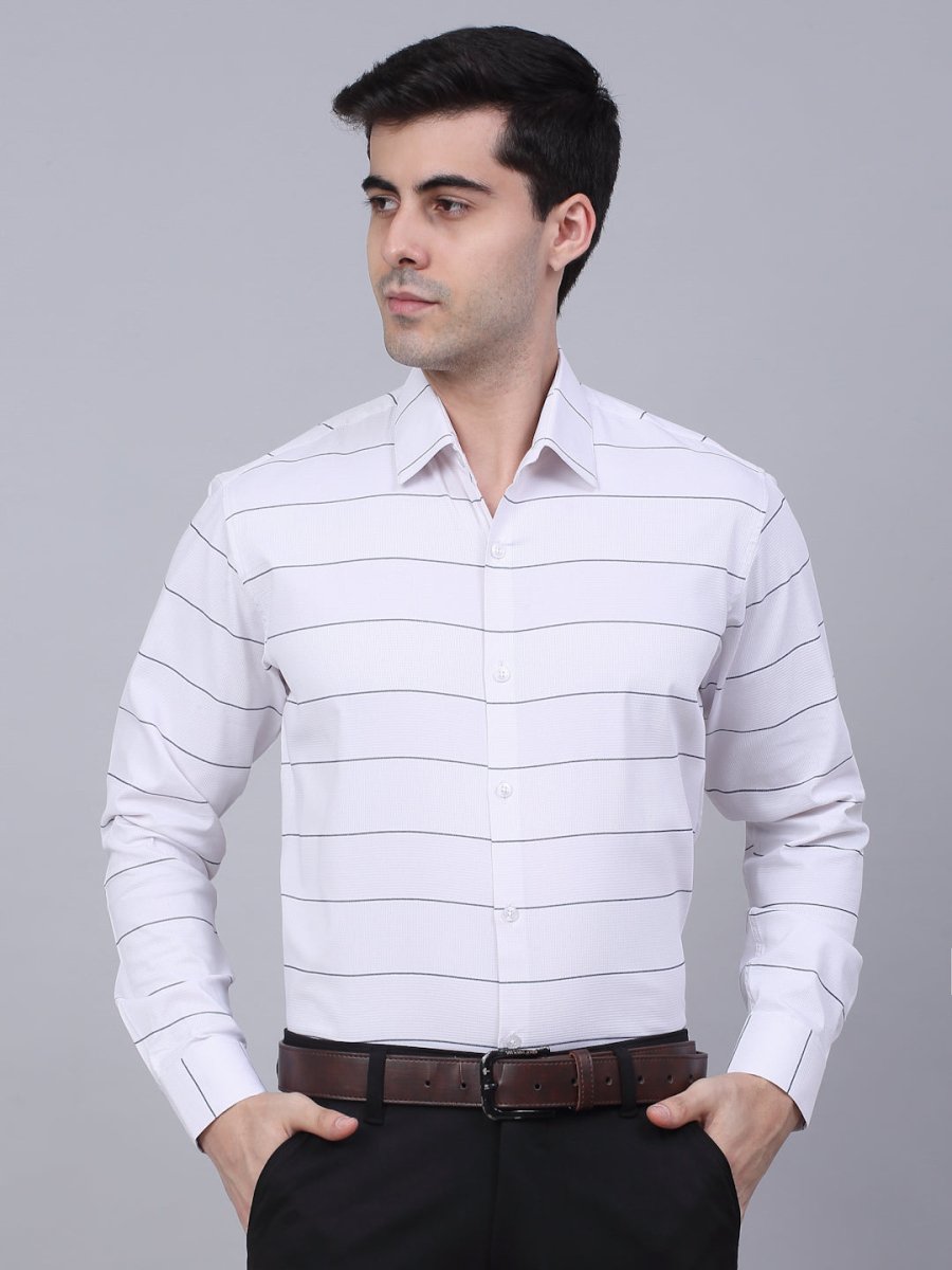 Men's White Horizontal Striped Formal Shirt - SF_839White_S