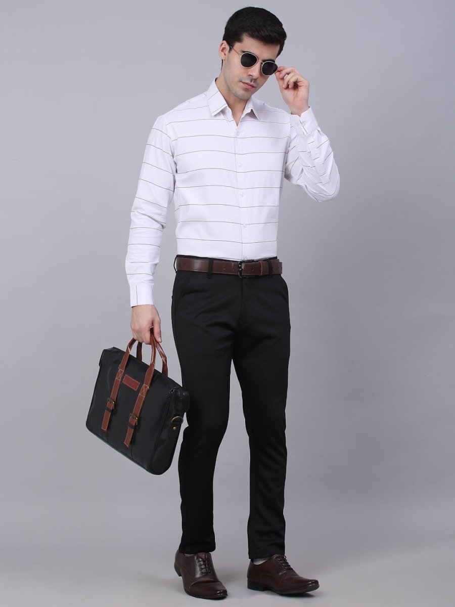 Men's White Horizontal Striped Formal Shirt - SF_839White_S