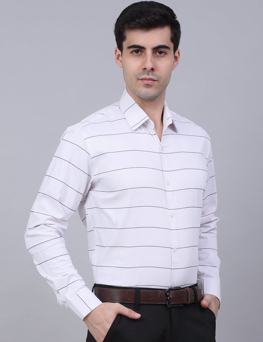 Men's White Horizontal Striped Formal Shirt - SF_839White_S