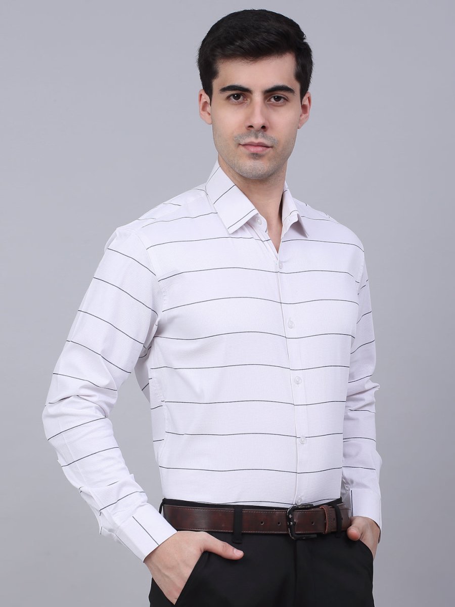 Men's White Horizontal Striped Formal Shirt - SF_839White_S