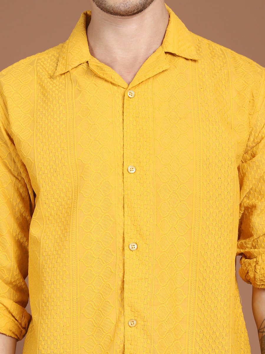 Mustard Self Design Party Shirt for Men - SF_992Mustard_S