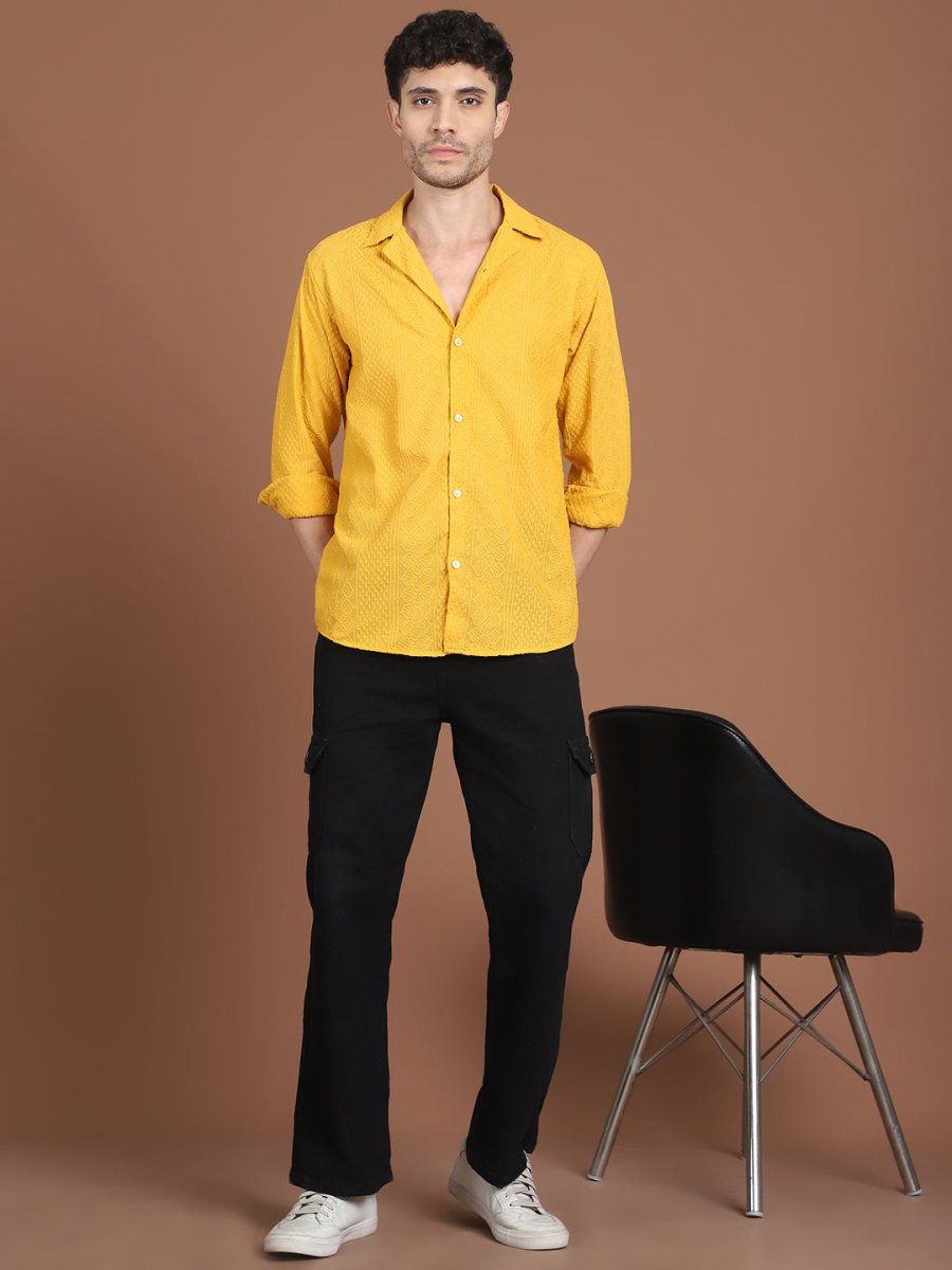 Mustard Self Design Party Shirt for Men - SF_992Mustard_S