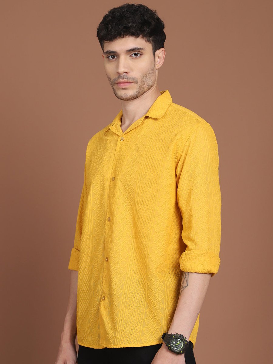 Mustard Self Design Party Shirt for Men - SF_992Mustard_S