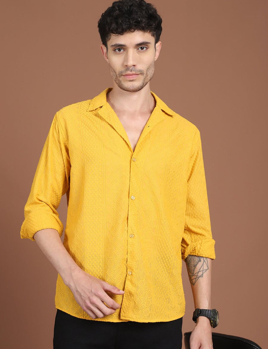 Mustard Self Design Party Shirt for Men - SF_992Mustard_S