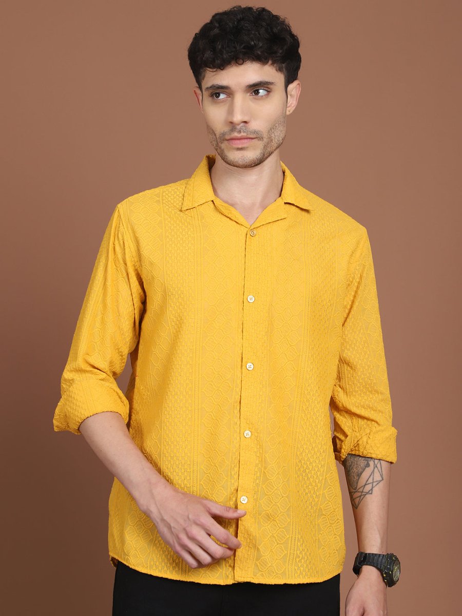 Mustard Self Design Party Shirt for Men - SF_992Mustard_S