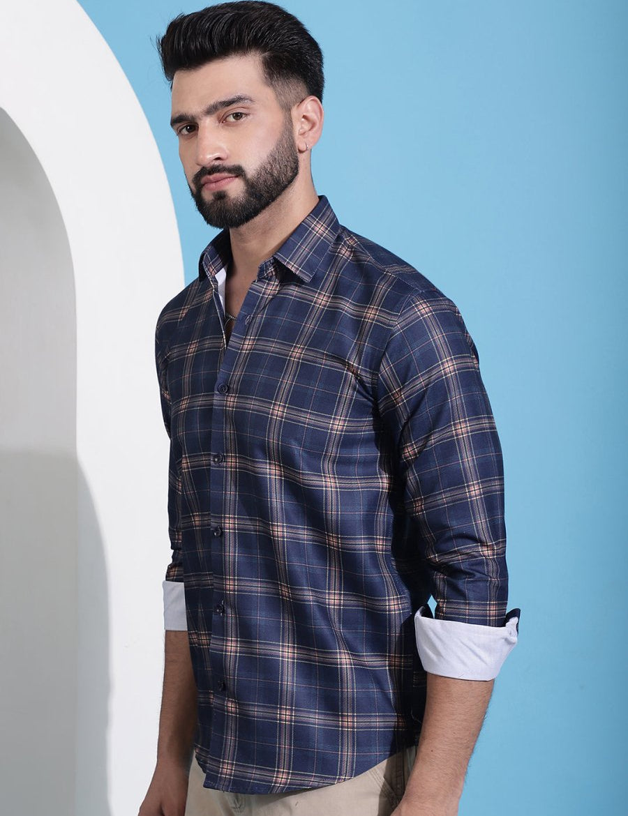 Navy Blue Checked Cotton Casual Shirt for Men - SF_942Navy_S