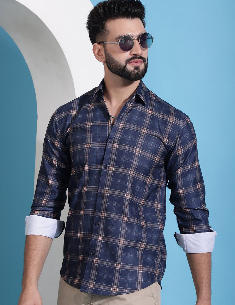Navy Blue Checked Cotton Casual Shirt for Men - SF_942Navy_S