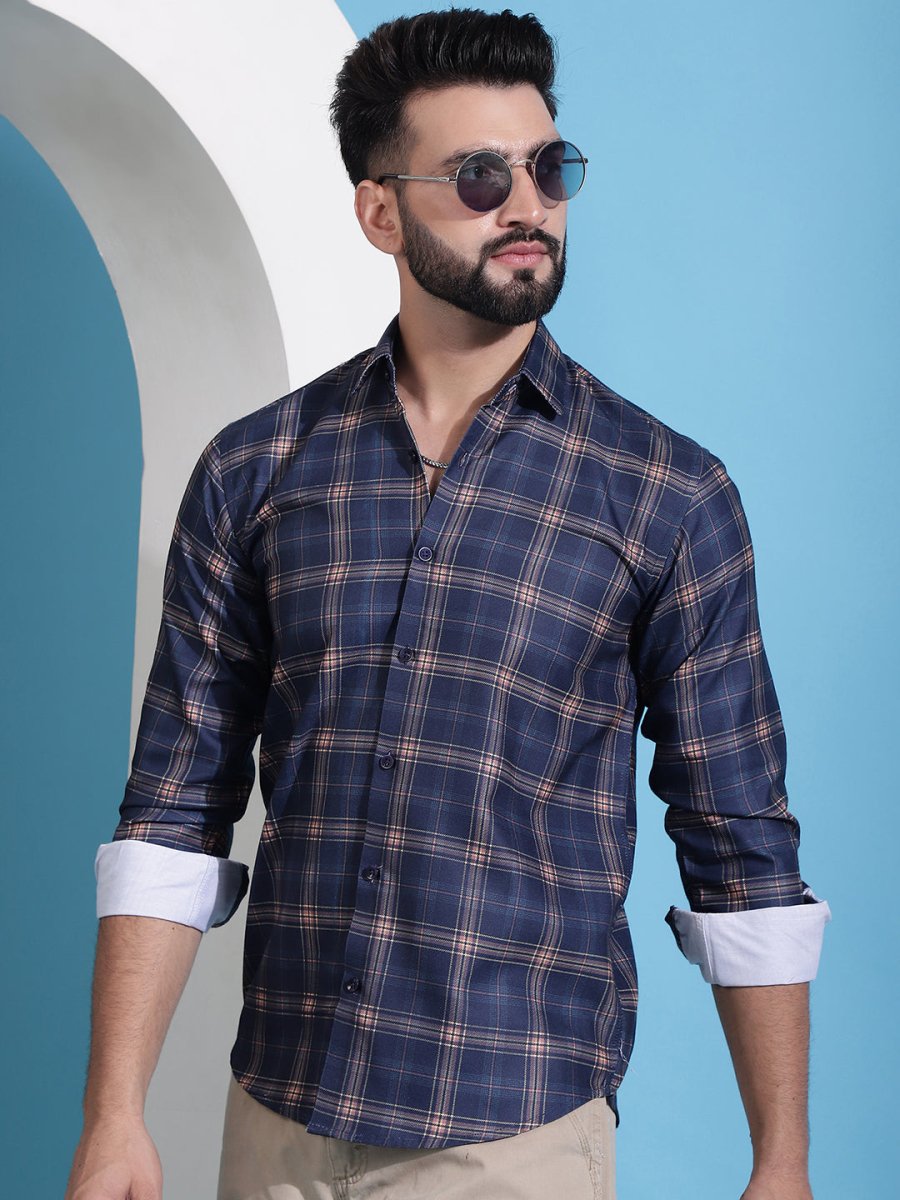 Navy Blue Checked Cotton Casual Shirt for Men - SF_942Navy_S