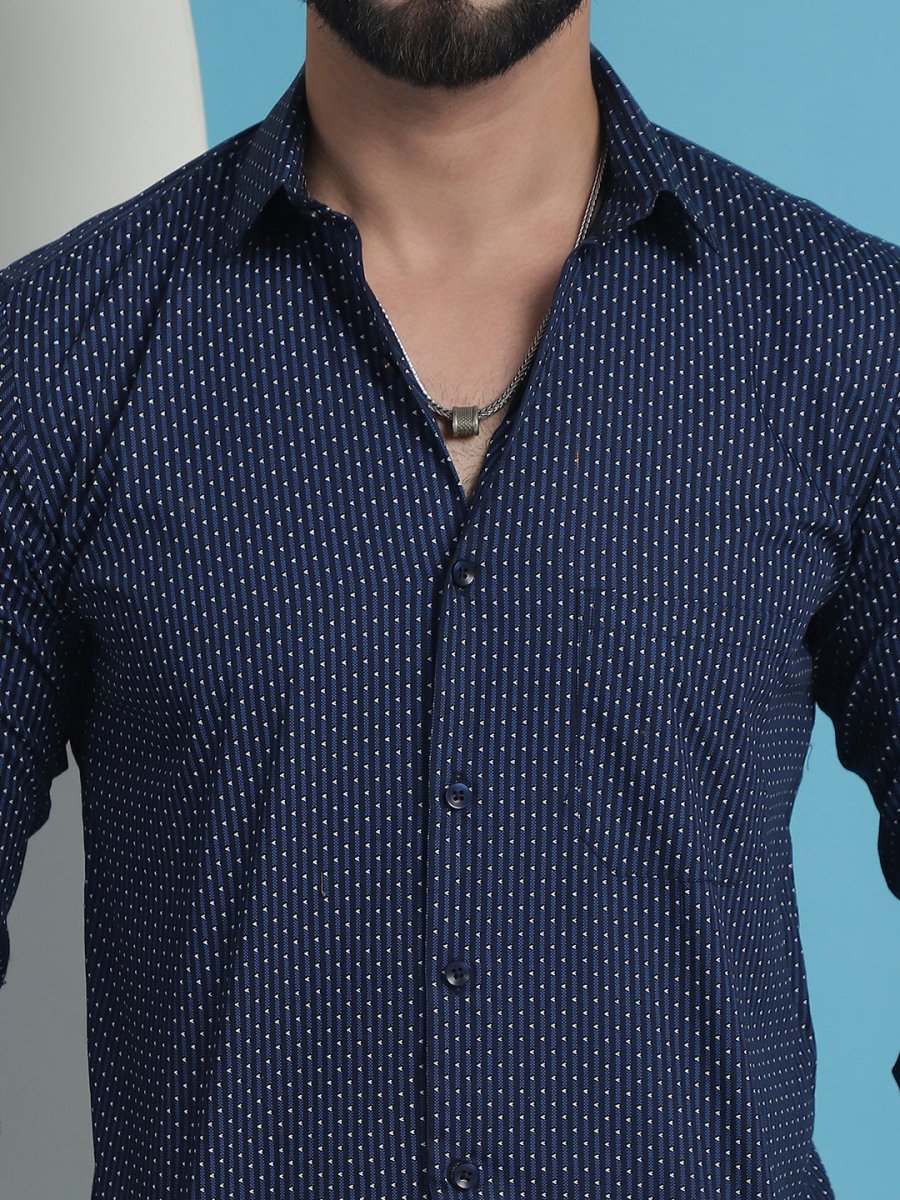 Navy Blue Geometric Printed Cotton Casual Shirt - SF_933Navy_S