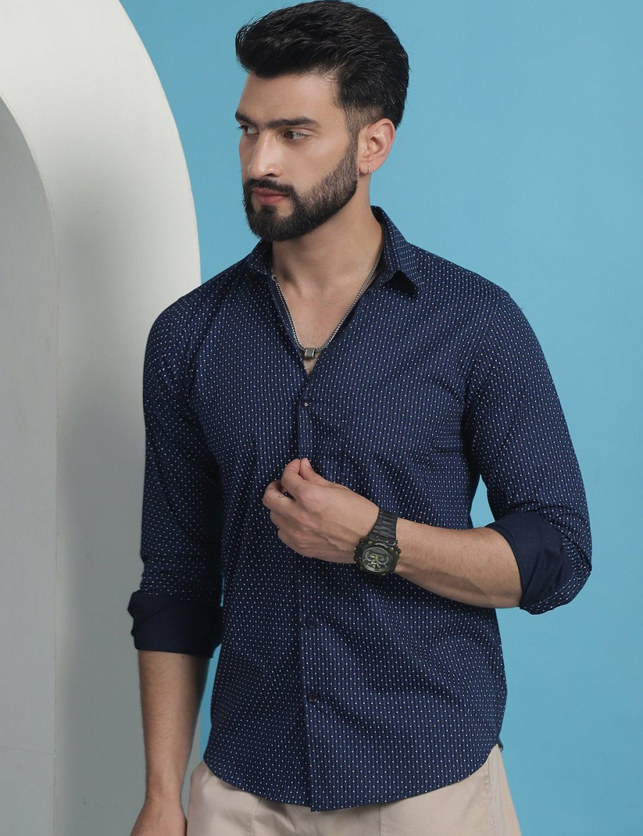 Navy Blue Geometric Printed Cotton Casual Shirt - SF_933Navy_S