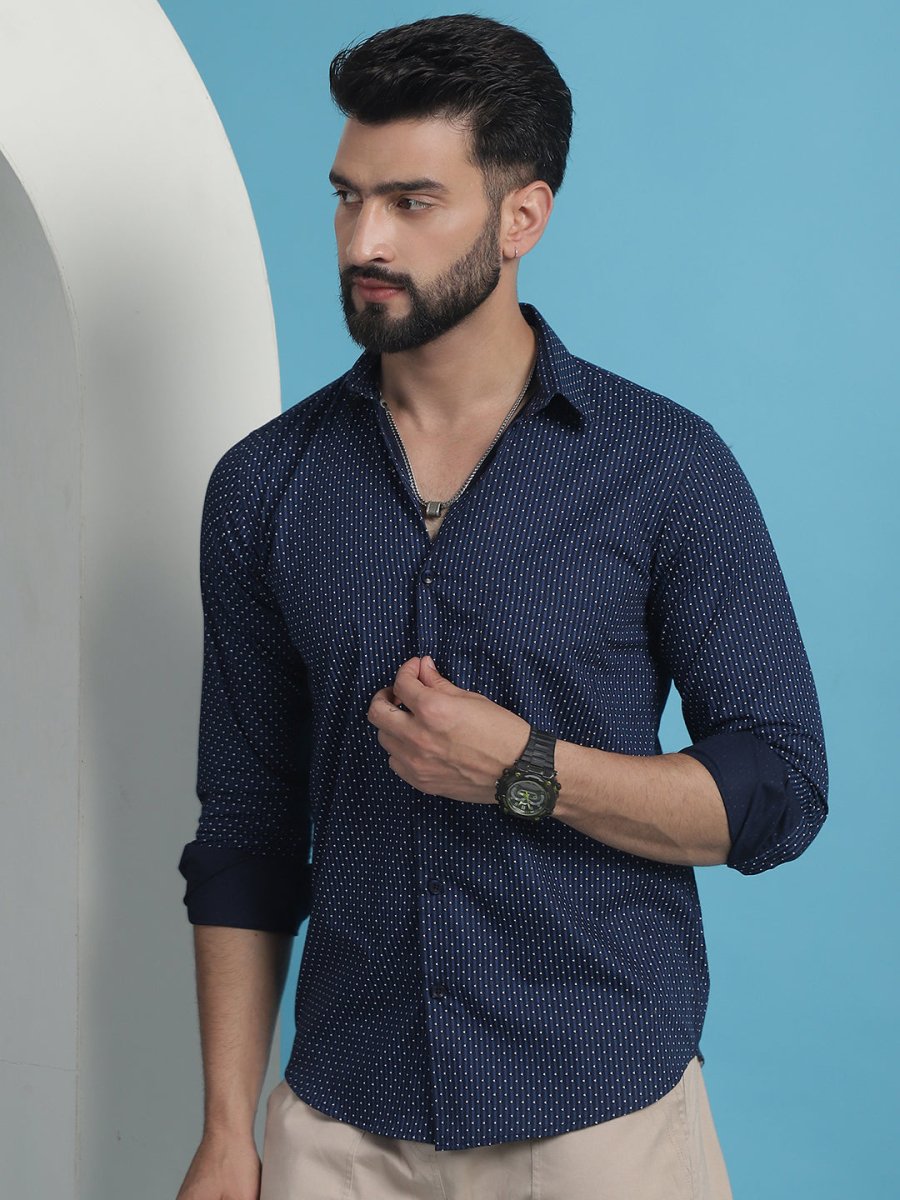Navy Blue Geometric Printed Cotton Casual Shirt - SF_933Navy_S