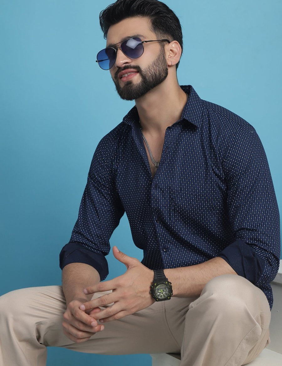 Navy Blue Geometric Printed Cotton Casual Shirt - SF_933Navy_S
