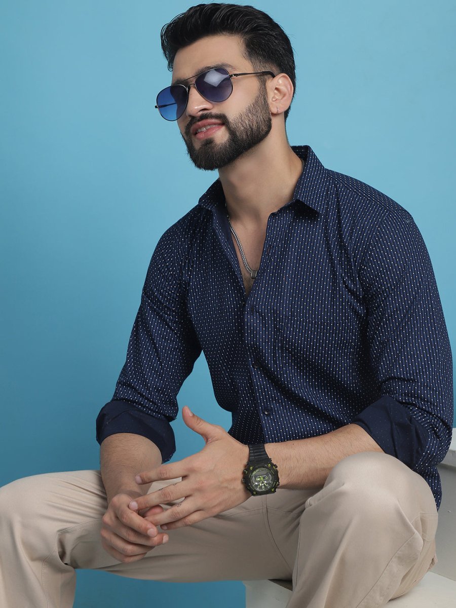 Navy Blue Geometric Printed Cotton Casual Shirt - SF_933Navy_S