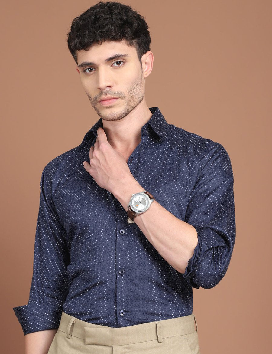 Navy Blue Printed Regular Fit Formal Shirt for Men - SF_9027Navy_S