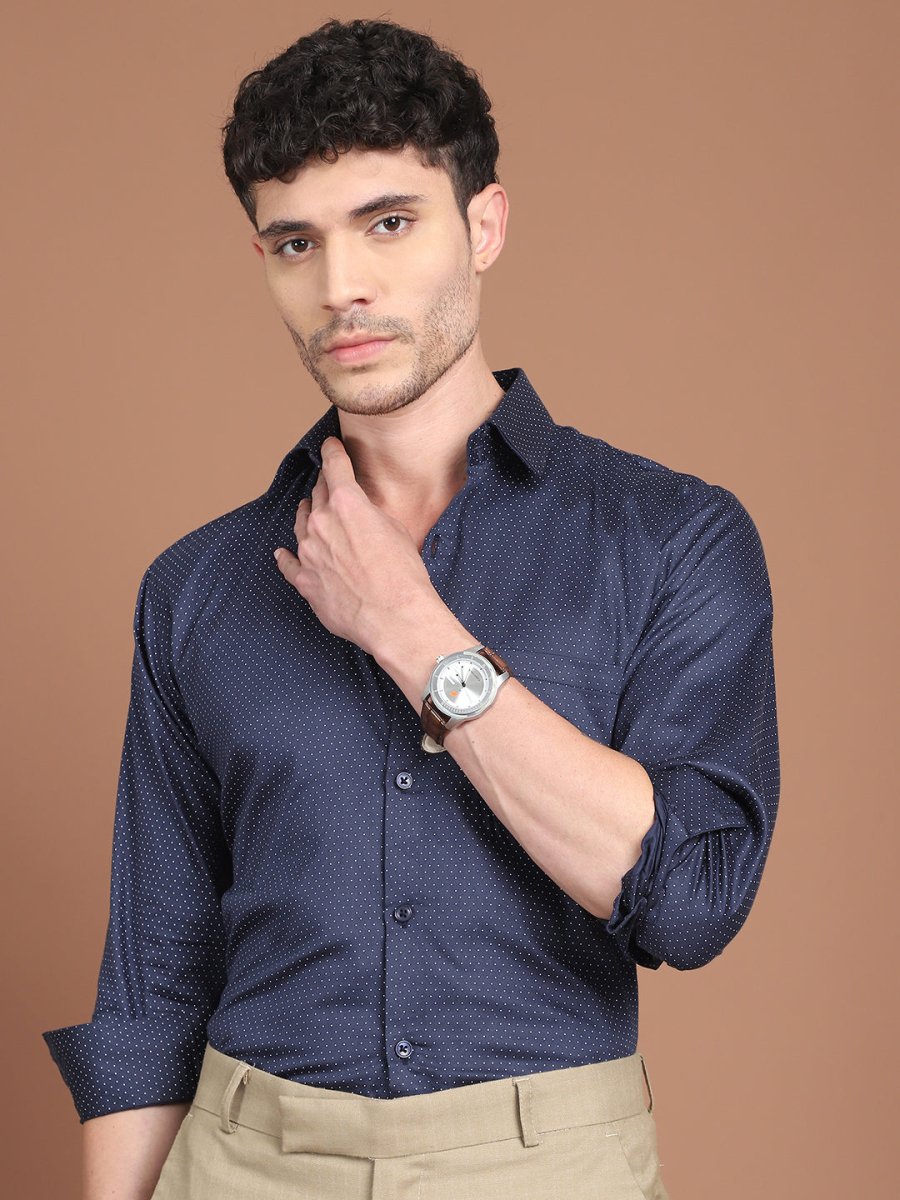 Navy Blue Printed Regular Fit Formal Shirt for Men - SF_9027Navy_S
