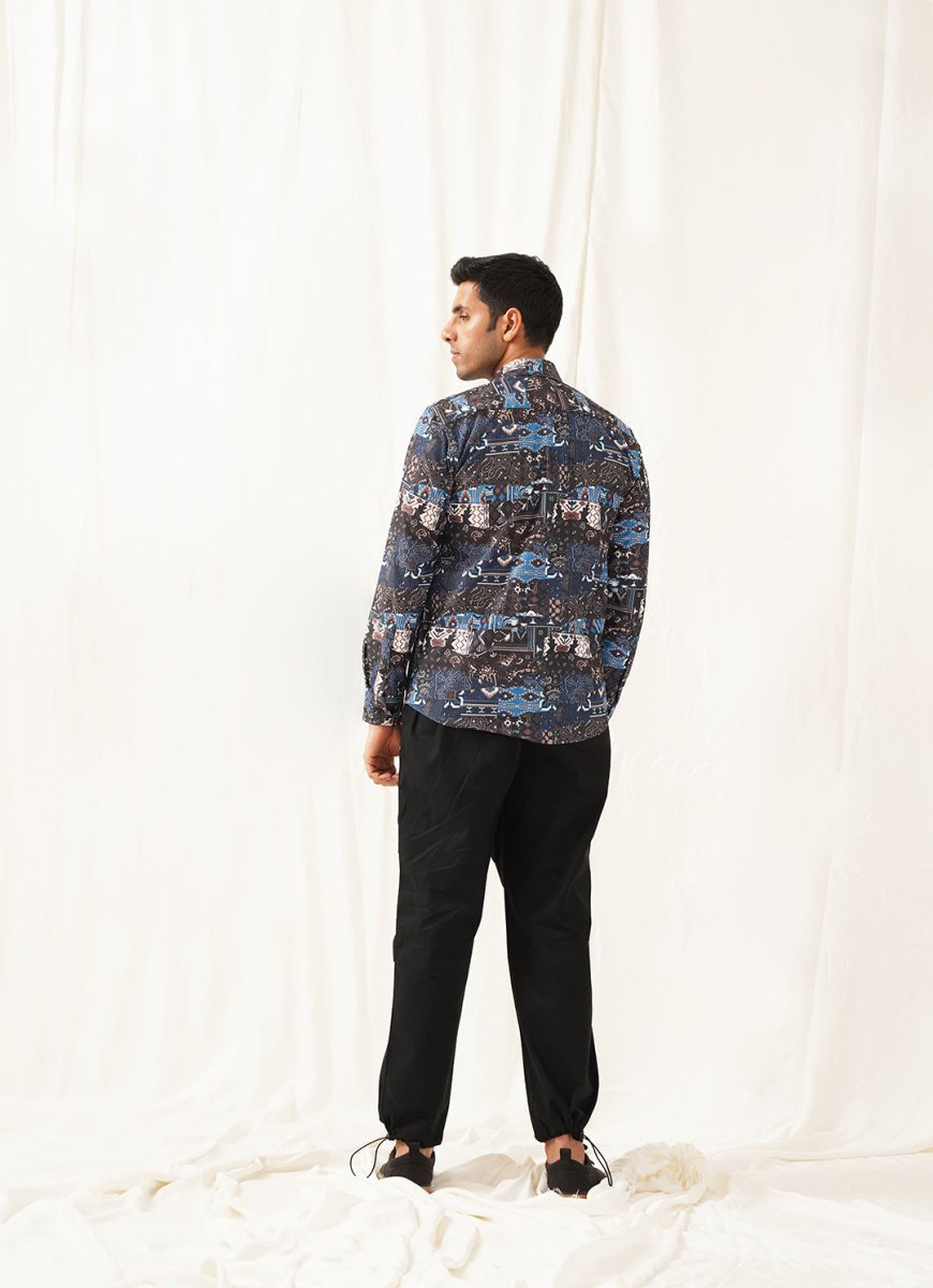 Navy Blue Printed Spread Collar Cotton Curved Casual Shirt - SF_930Navy_S