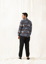 Navy Blue Printed Spread Collar Cotton Curved Casual Shirt - SF_930Navy_S