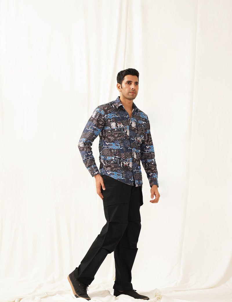 Navy Blue Printed Spread Collar Cotton Curved Casual Shirt - SF_930Navy_S