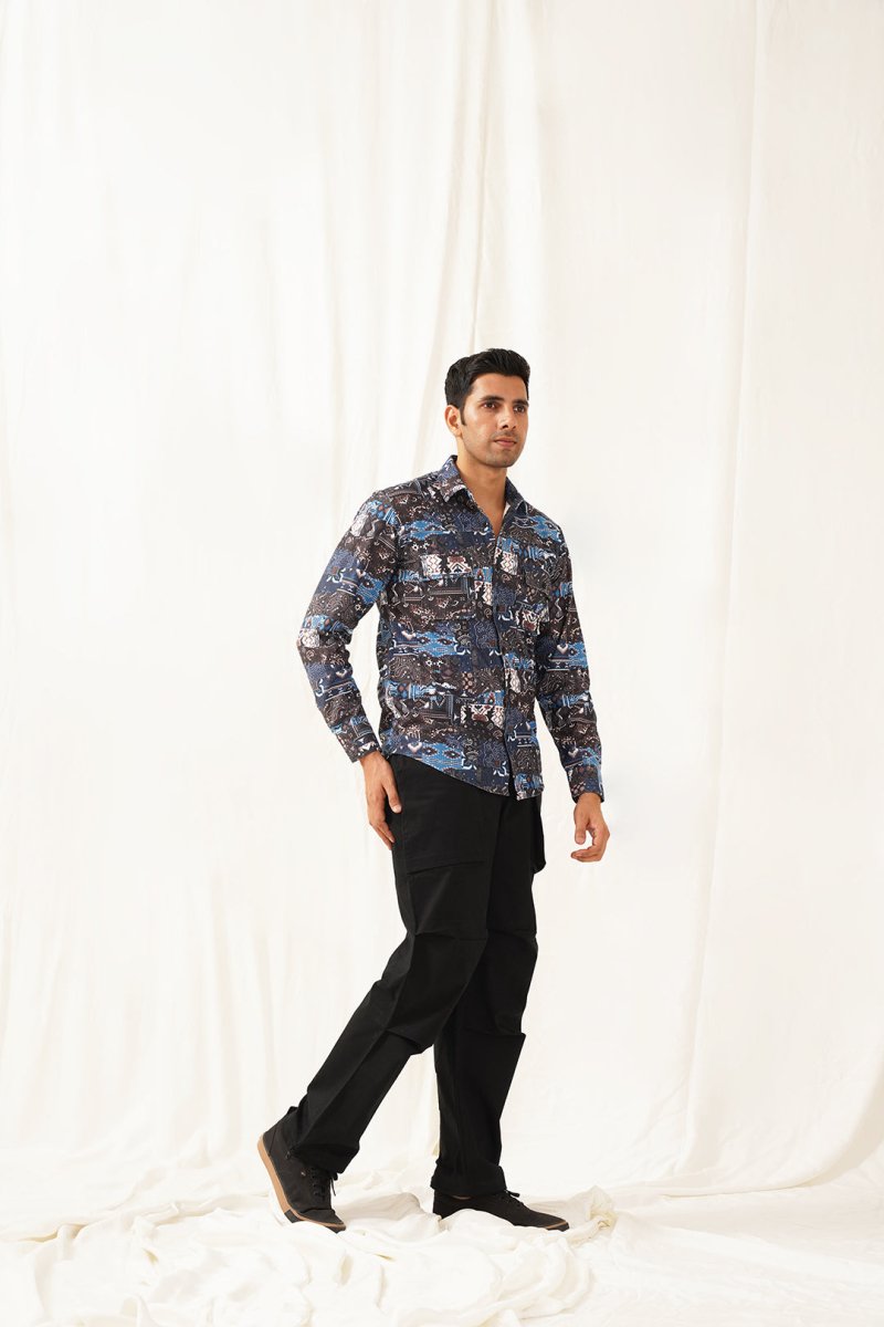 Navy Blue Printed Spread Collar Cotton Curved Casual Shirt - SF_930Navy_S