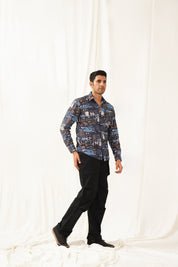 Navy Blue Printed Spread Collar Cotton Curved Casual Shirt - SF_930Navy_S