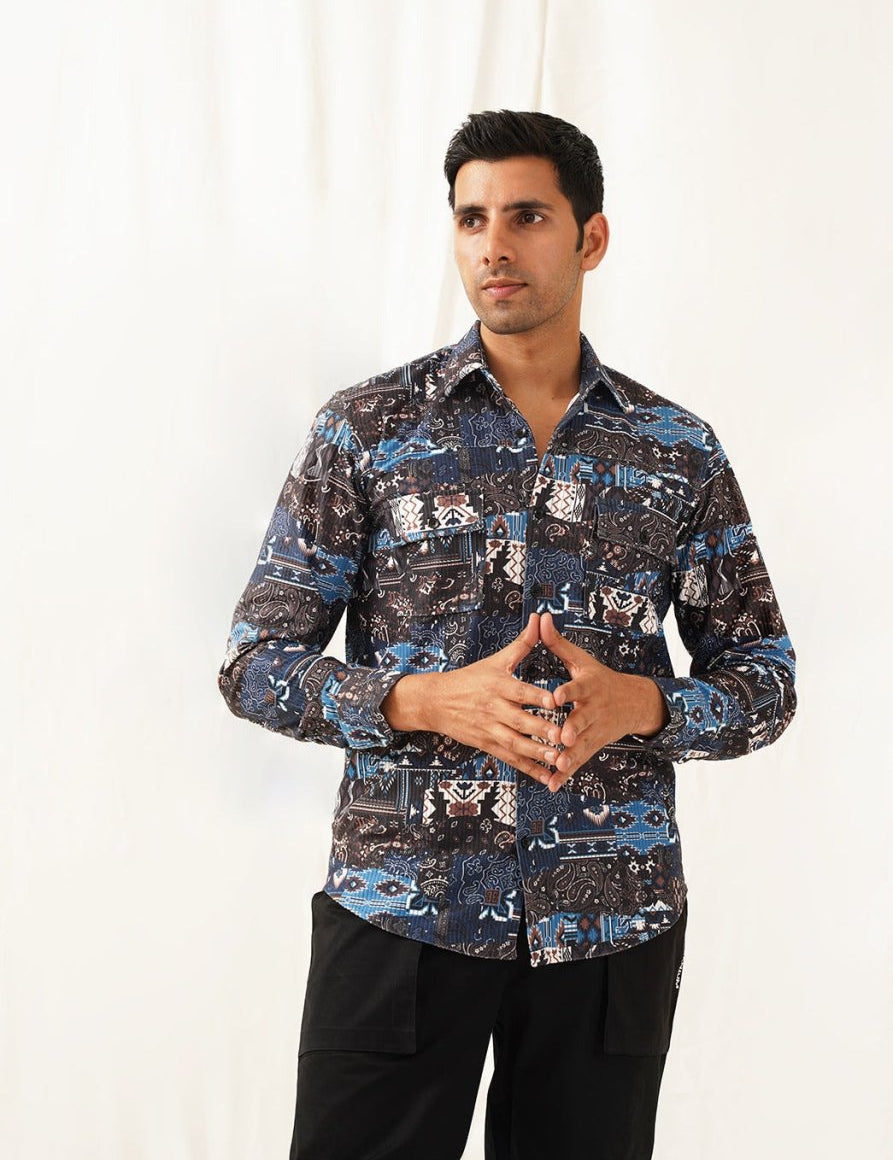 Navy Blue Printed Spread Collar Cotton Curved Casual Shirt - SF_930Navy_S