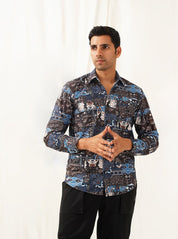 Navy Blue Printed Spread Collar Cotton Curved Casual Shirt - SF_930Navy_S