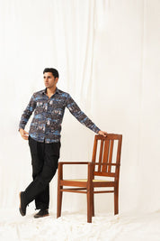 Navy Blue Printed Spread Collar Cotton Curved Casual Shirt - SF_930Navy_S