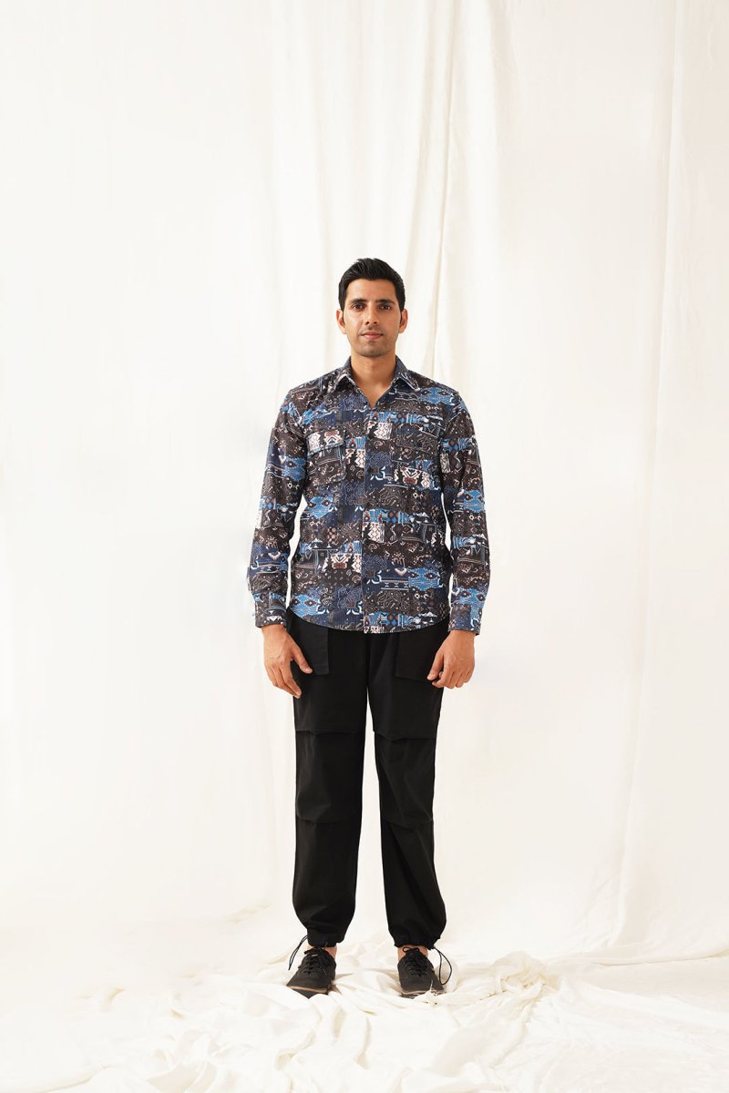 Navy Blue Printed Spread Collar Cotton Curved Casual Shirt - SF_930Navy_S