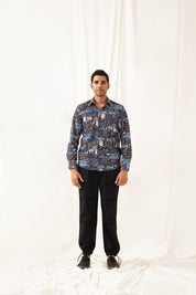 Navy Blue Printed Spread Collar Cotton Curved Casual Shirt - SF_930Navy_S