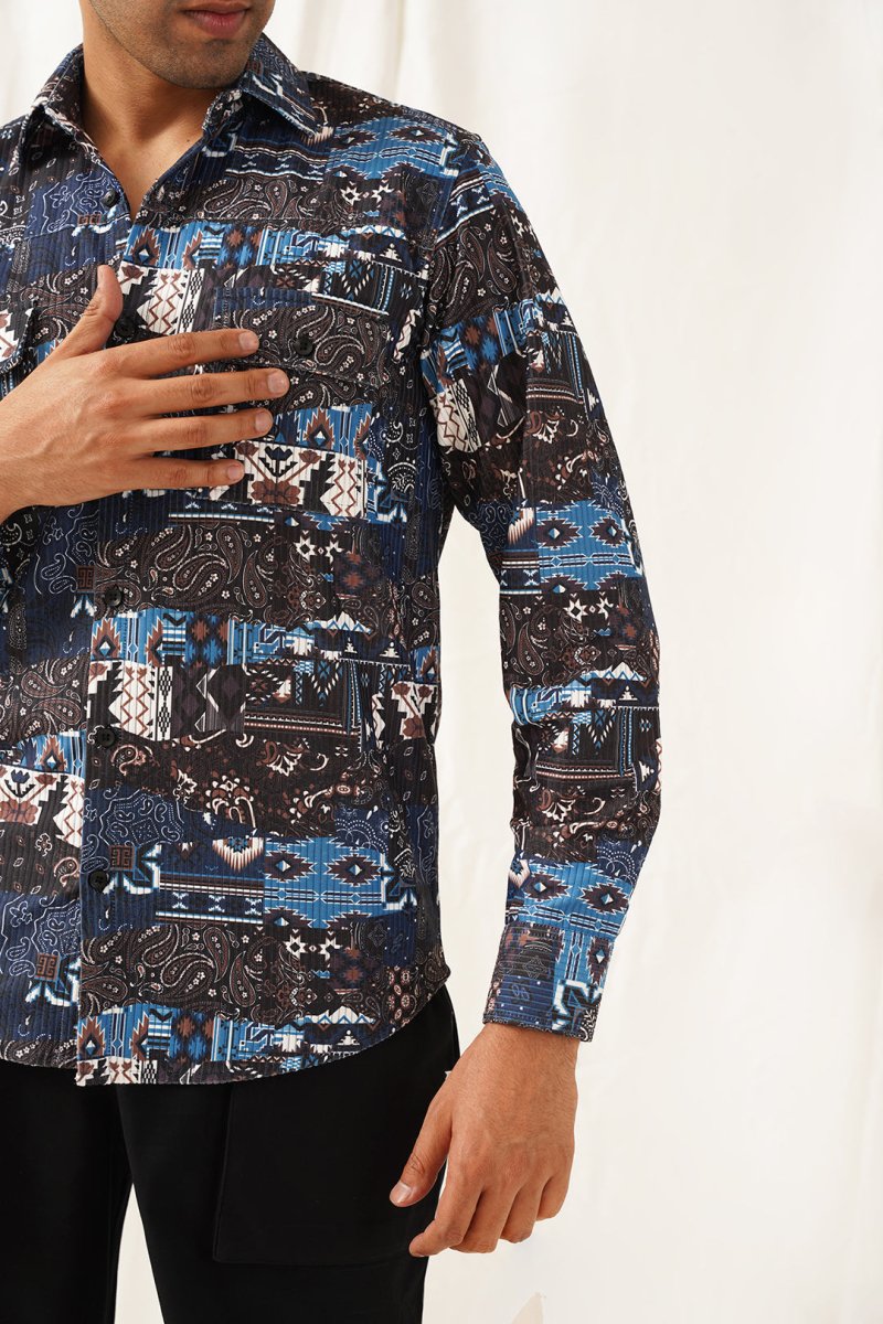 Navy Blue Printed Spread Collar Cotton Curved Casual Shirt - SF_930Navy_S